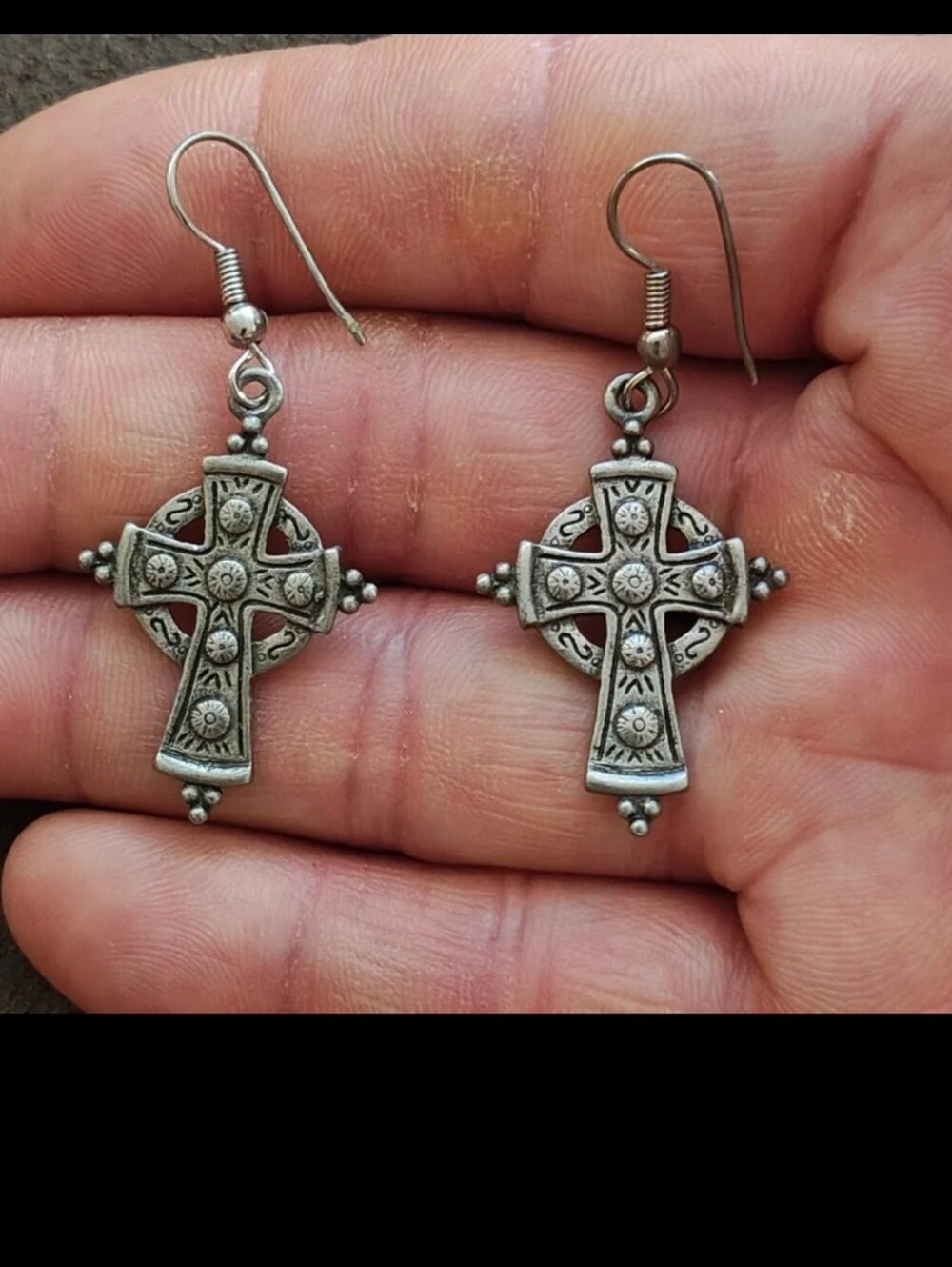 1970s/80s Signed JJ Antiqued Pewter Celtic Cross Dangle Earrings.